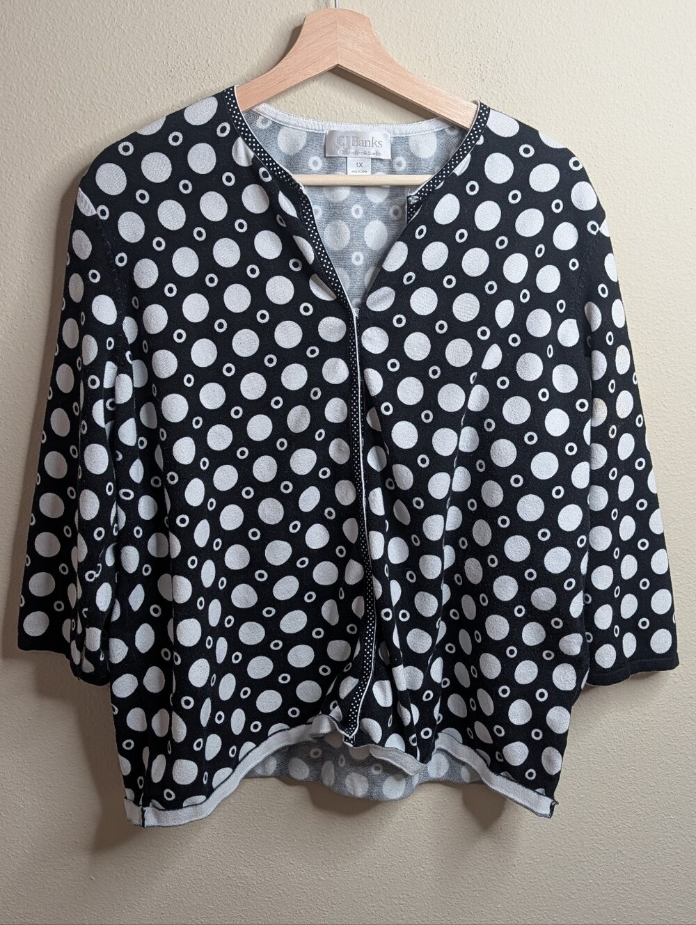 CJ Banks by Christopher & Banks Polka Dot Top Size 1X Black White 3/4 Sleeve